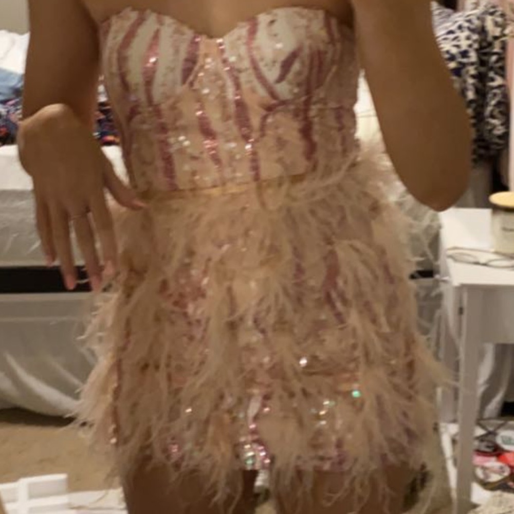 Feathered/sequined mini cocktail dress